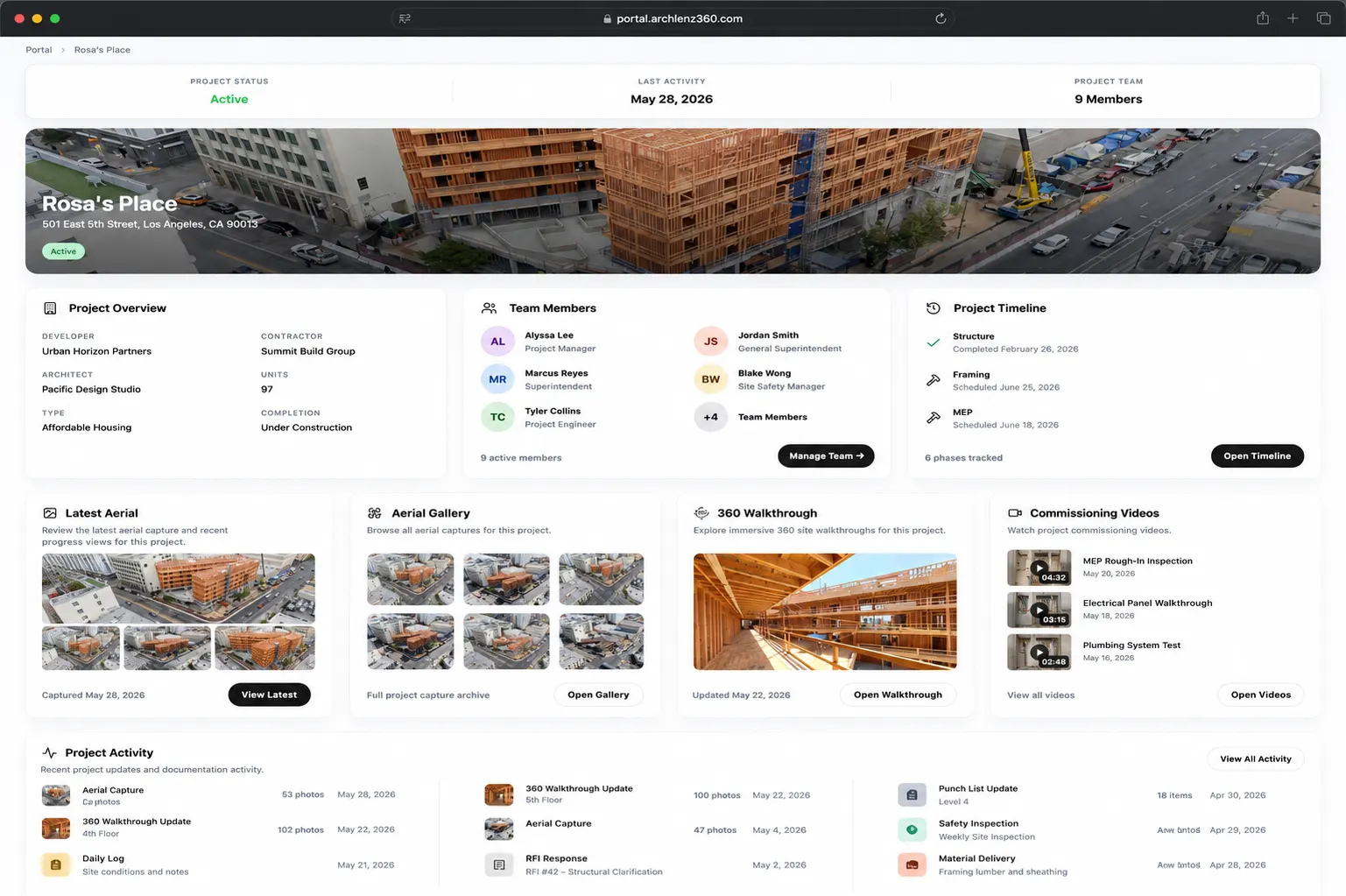 ArchLenz360 project dashboard showing connected construction documentation and project activity